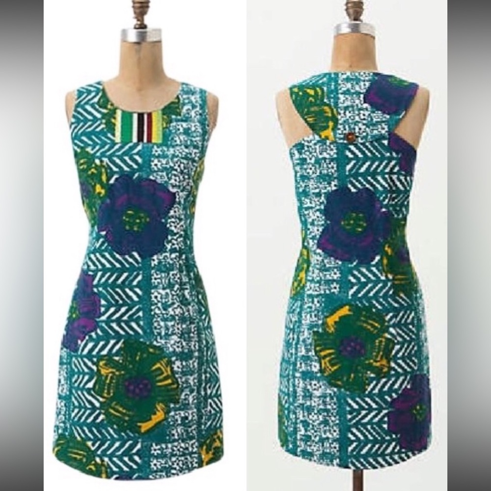 NEW Anthropologie Vanessa Virginia Teal Blue Green Floral Embroidered Dress 0 XS